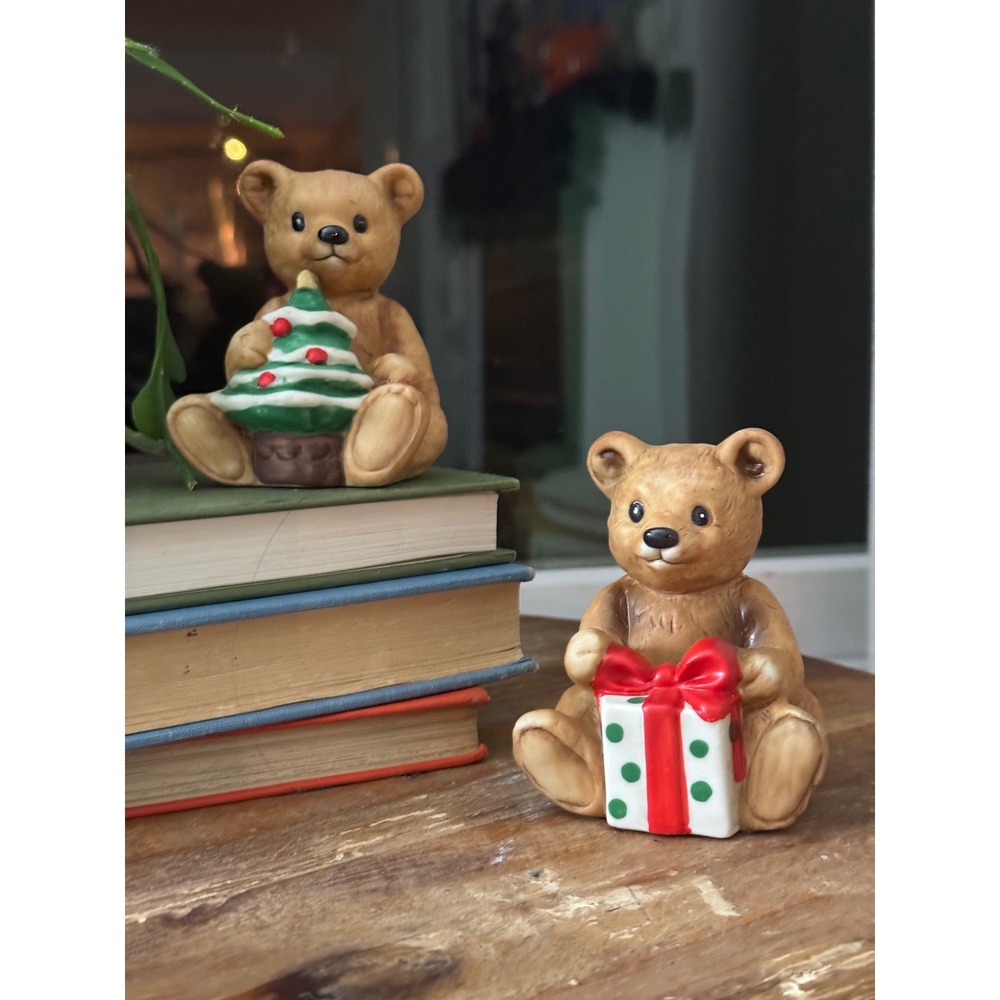 Vintage Homco Christmas Teddy Bear Figurines Set of 2 Ceramic 5505 Holiday Decor